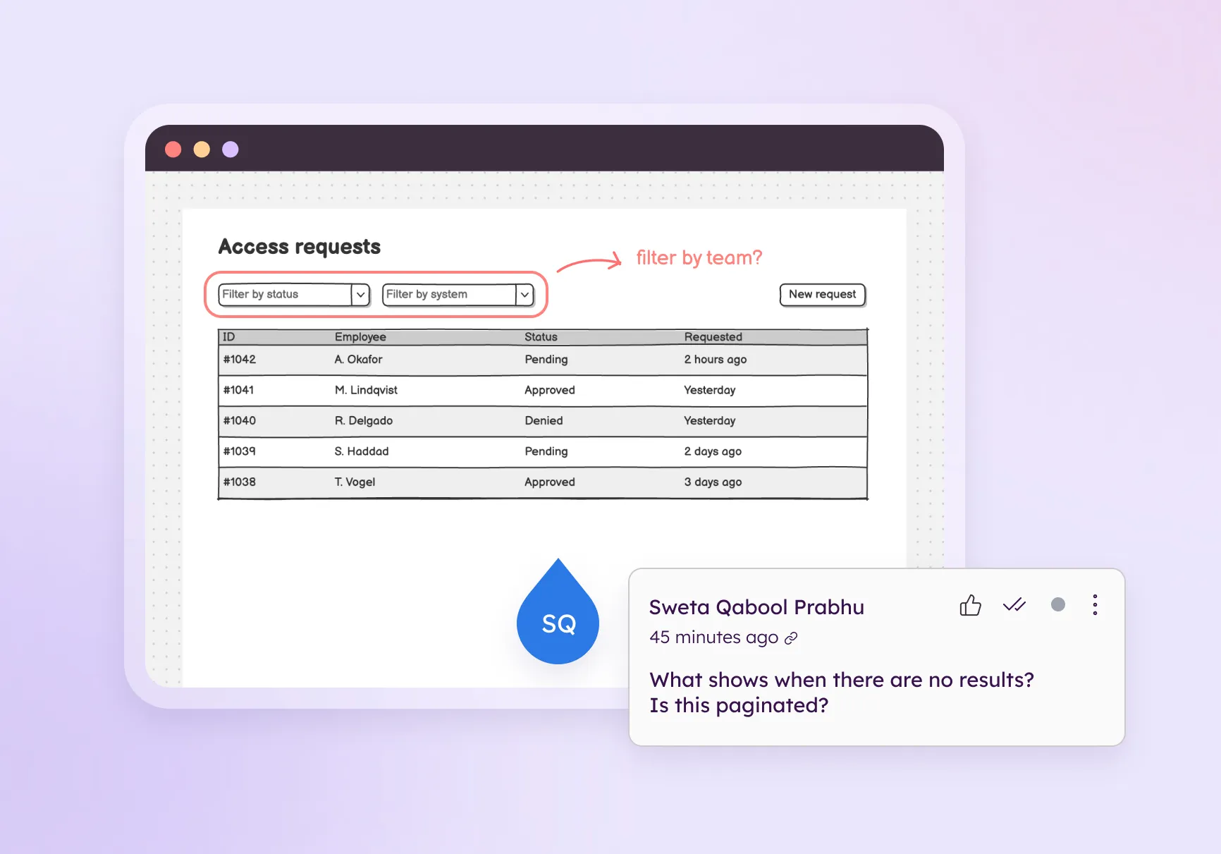 A wireframe under review with inline comments